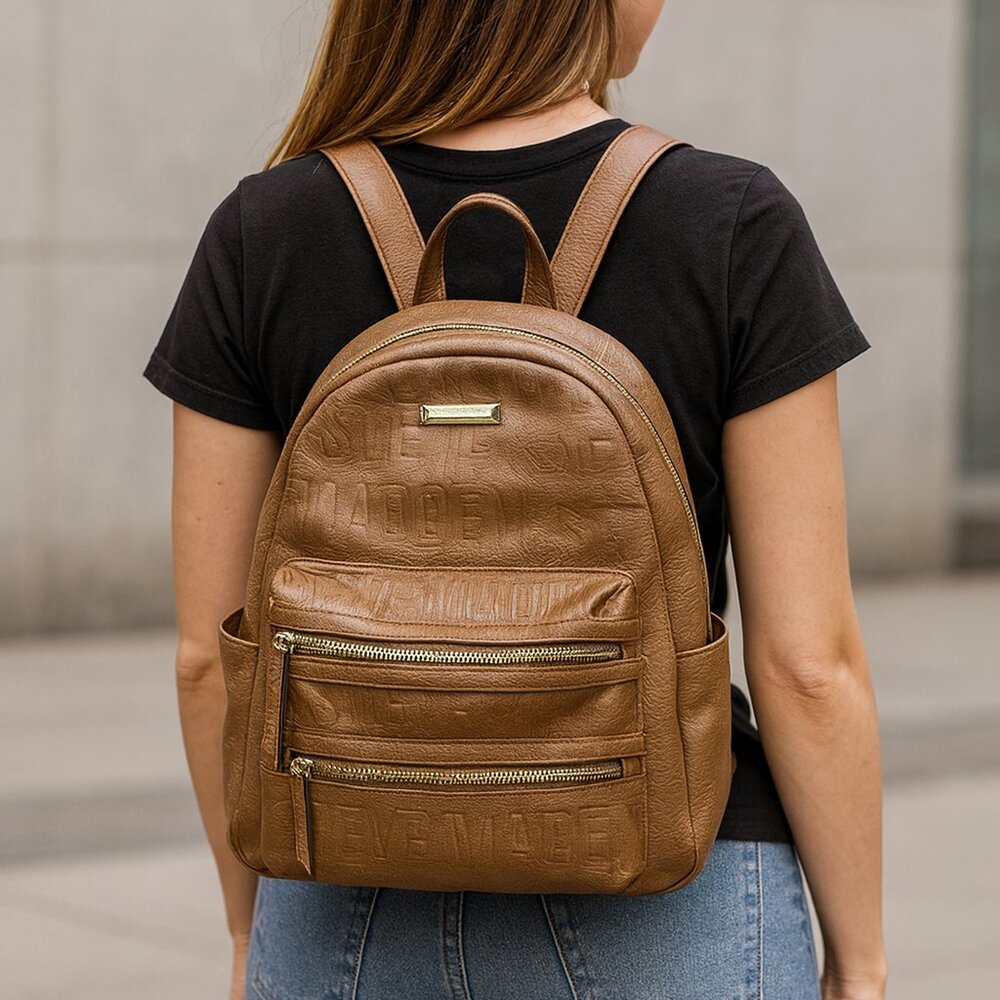 STEVE MADDEN Small Backpack Tan Faux Leather Logo Embossed Mini Travel Bag